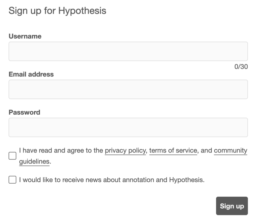 Sign up page using the email address option